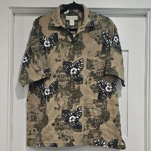 Vintage Tan & Navy Aloha Style Casual Polo Style Shirt